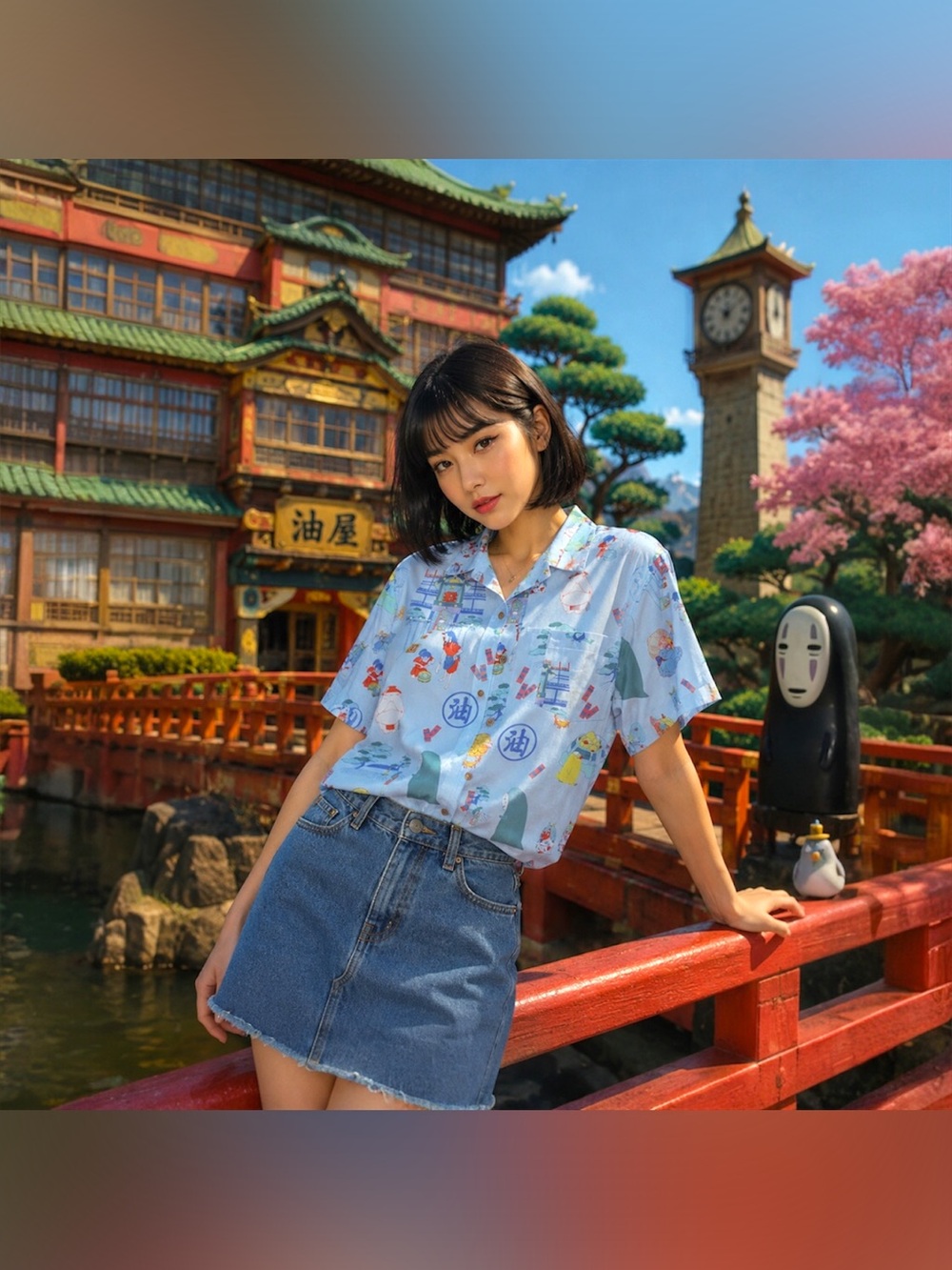 Studio Ghibli Spirited Away Tonal Icons Allover Print Woven Button-Up